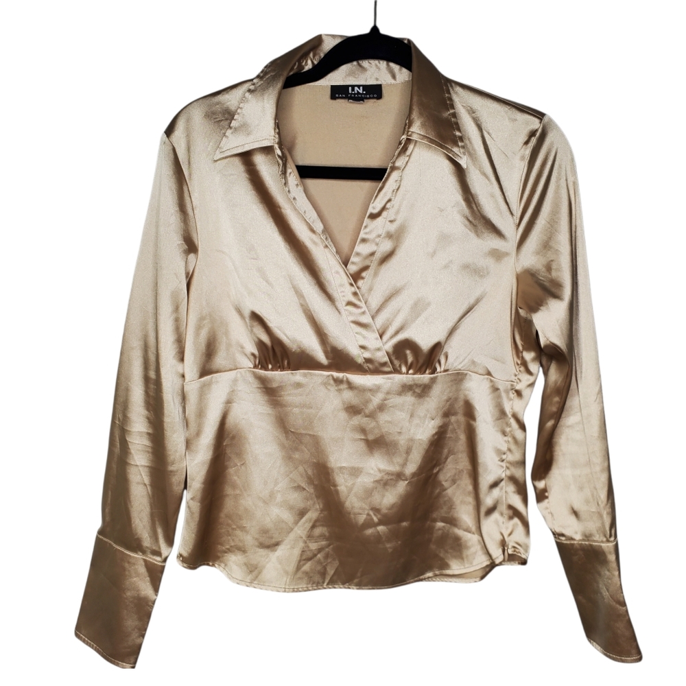 Vintage Champagne or Gold Satin Collared Structured Blouse Large